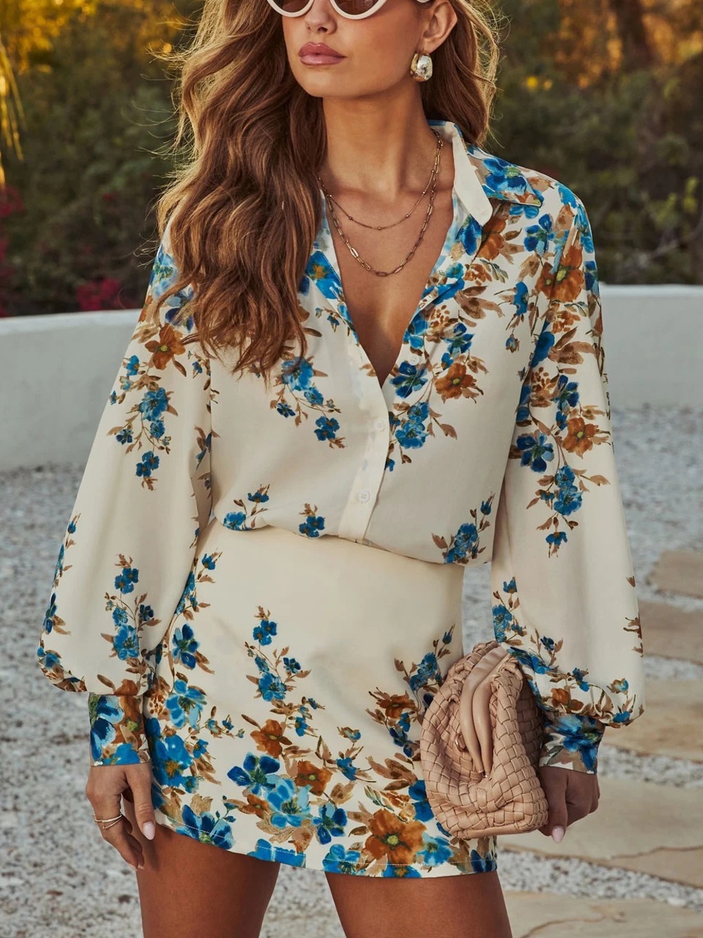 Vici Cream Floral Button-Down Shirt in Blue & Brown